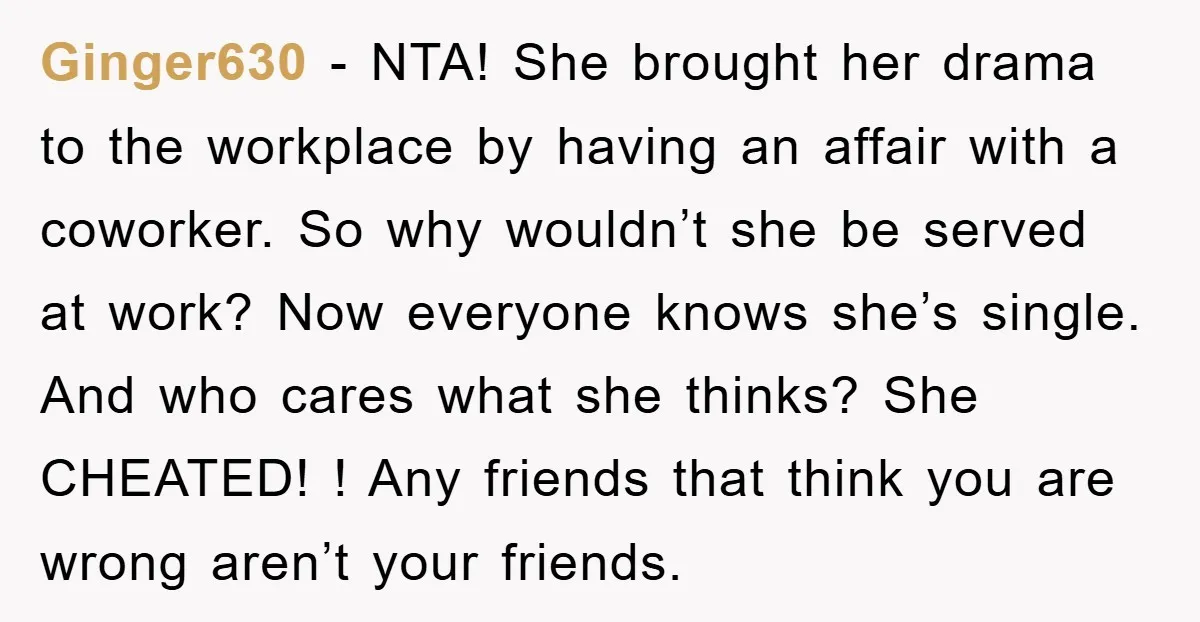 Ginger630 − NTA! She brought her drama to the workplace by having an affair with a coworker. So why wouldn’t she be served at work? Now everyone knows she’s single....