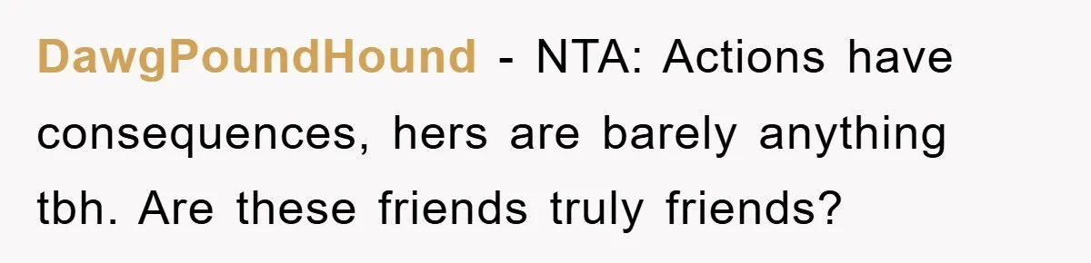 DawgPoundHound − NTA: Actions have consequences, hers are barely anything tbh. Are these friends truly friends?