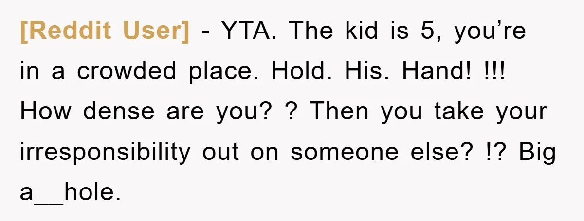 [Reddit User] − YTA. The kid is 5, you’re in a crowded place. Hold. His. Hand! !!! How dense are you? ? Then you take your irresponsibility out on someone...