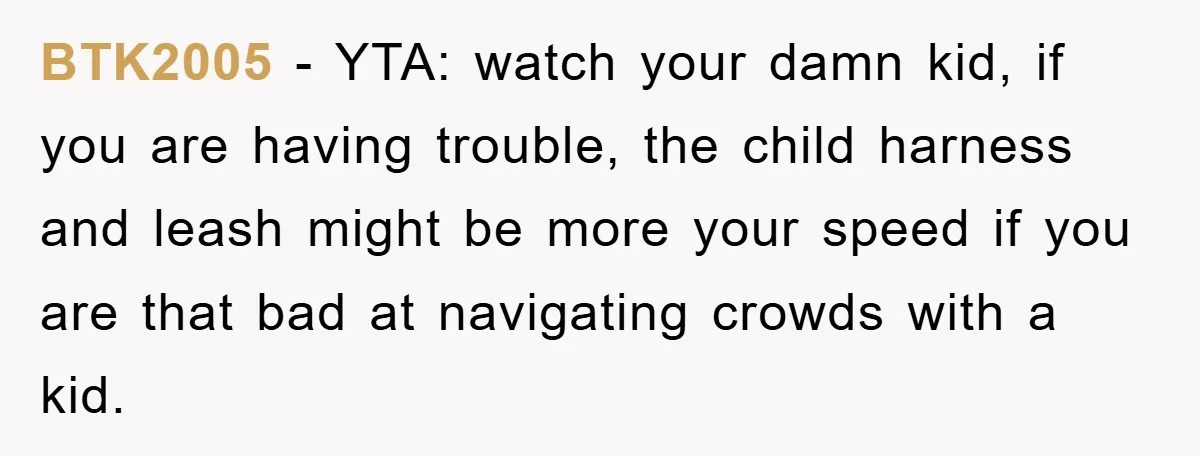 BTK2005 − YTA: watch your damn kid, if you are having trouble, the child harness and leash might be more your speed if you are that bad at navigating crowds...