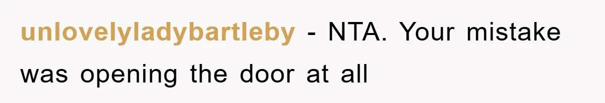 unlovelyladybartleby − NTA. Your mistake was opening the door at all