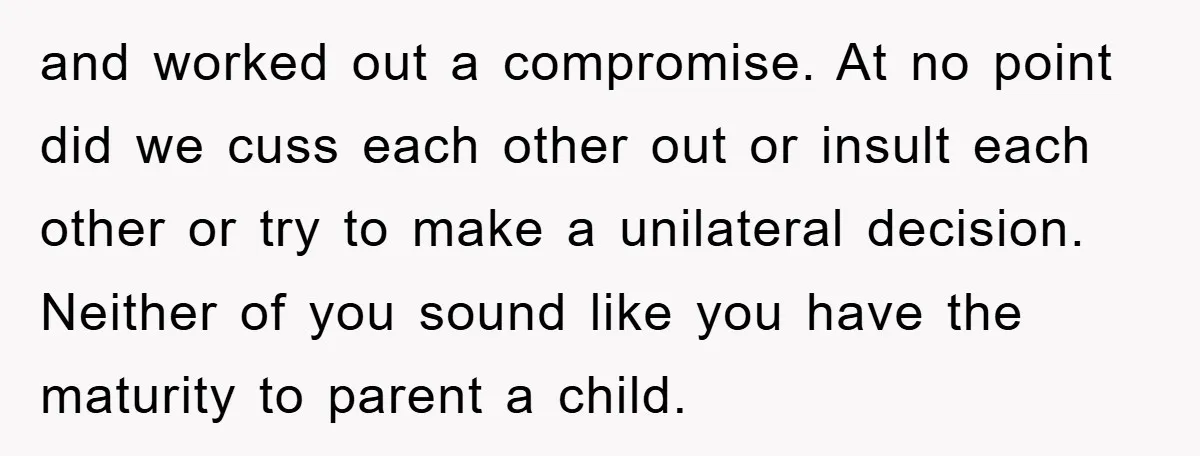 and worked out a compromise. At no point did we cuss each other out or insult each other or try to make a unilateral decision. Neither of you sound like...