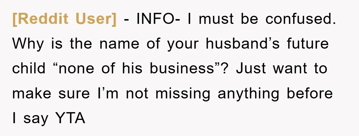 [Reddit User] − INFO- I must be confused. Why is the name of your husband’s future child “none of his business”? Just want to make sure I’m not missing anything...