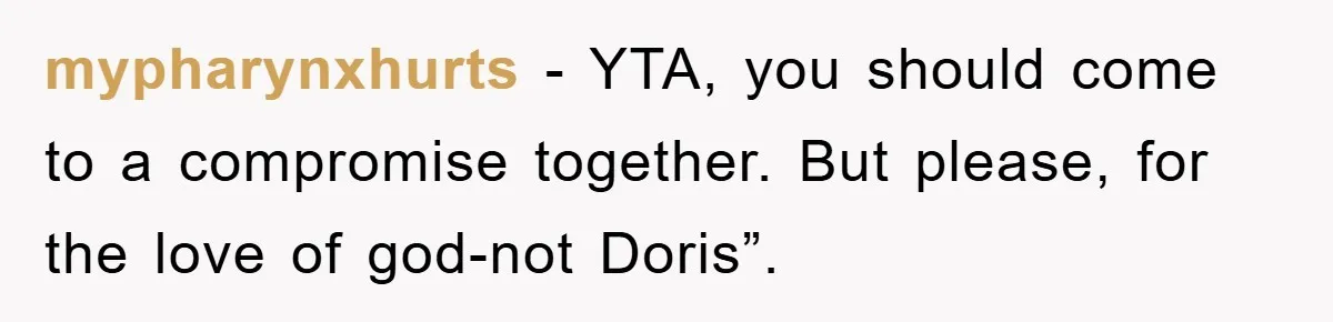 mypharynxhurts − YTA, you should come to a compromise together. But please, for the love of god-not Doris”.