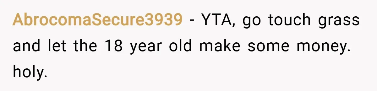 AbrocomaSecure3939 − YTA, go touch grass and let the 18 year old make some money. holy.