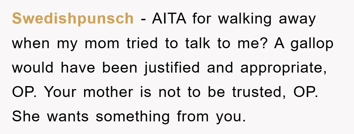 Swedishpunsch − AITA for walking away when my mom tried to talk to me? A gallop would have been justified and appropriate, OP. Your mother is not to be trusted,...