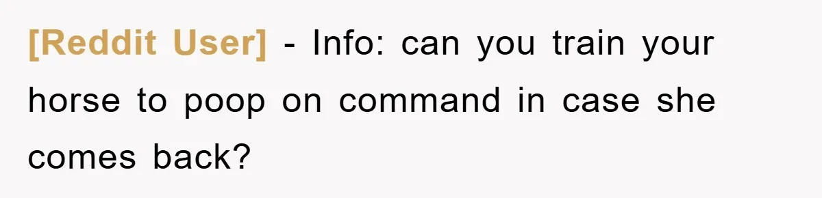 [Reddit User] − Info: can you train your horse to poop on command in case she comes back?