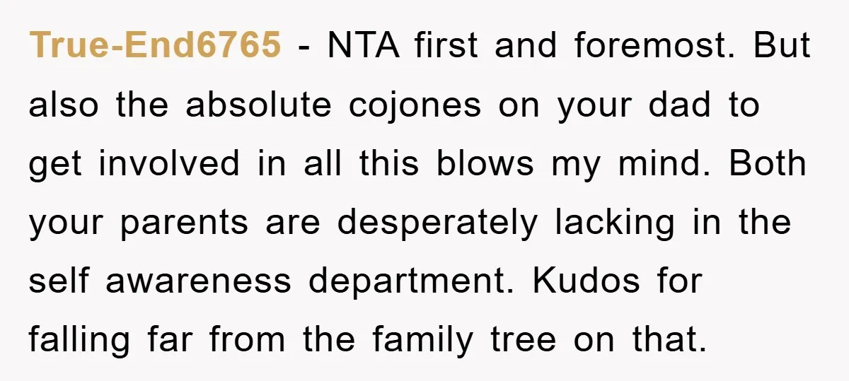 True-End6765 − NTA first and foremost. But also the absolute cojones on your dad to get involved in all this blows my mind. Both your parents are desperately lacking in...