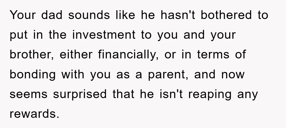 Your dad sounds like he hasn't bothered to put in the investment to you and your brother, either financially, or in terms of bonding with you as a parent, and...