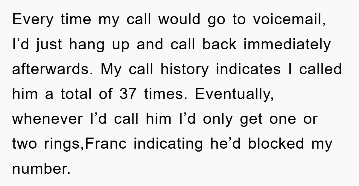 Every time my call would go to voicemail, I’d just hang up and call back immediately afterwards. My call history indicates I called him a total of 37 times. Eventually,...