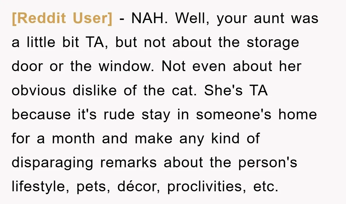 [Reddit User] - NAH. Well, your aunt was a little bit TA, but not about the storage door or the window. Not even about her obvious dislike of the cat....