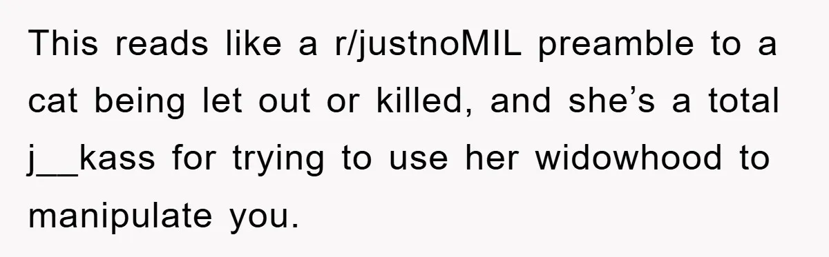 This reads like a r/justnoMIL preamble to a cat being let out or killed, and she’s a total j__kass for trying to use her widowhood to manipulate you.