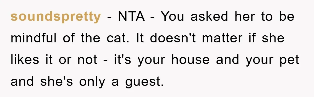soundspretty - NTA - You asked her to be mindful of the cat. It doesn't matter if she likes it or not - it's your house and your pet and...