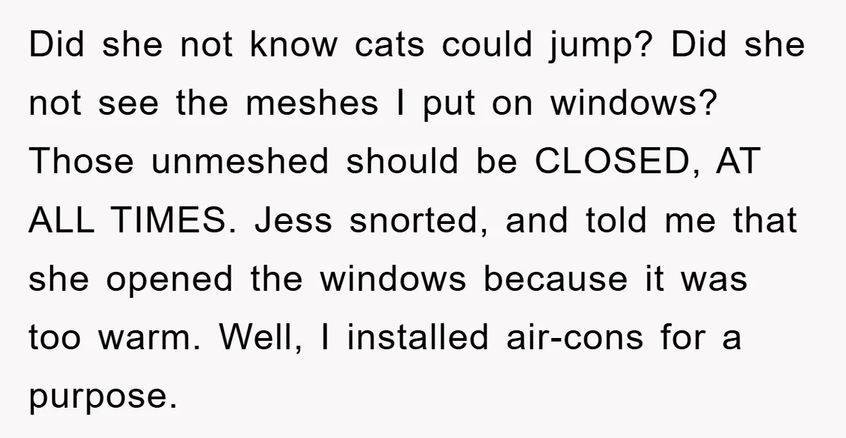 Did she not know cats could jump? Did she not see the meshes I put on windows? Those unmeshed should be CLOSED, AT ALL TIMES. Jess snorted, and told me...
