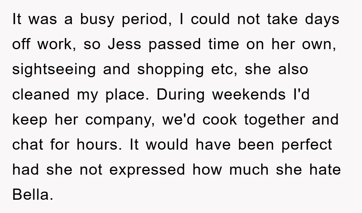 It was a busy period, I could not take days off work, so Jess passed time on her own, sightseeing and shopping etc, she also cleaned my place. During weekends...