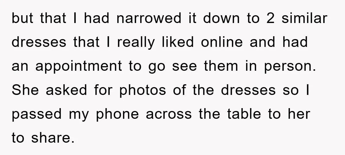 but that I had narrowed it down to 2 similar dresses that I really liked online and had an appointment to go see them in person. She asked for photos...