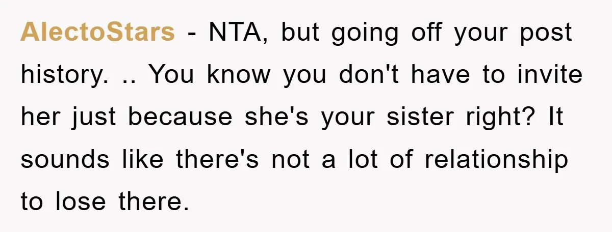 AlectoStars − NTA, but going off your post history. .. You know you don't have to invite her just because she's your sister right? It sounds like there's not a...