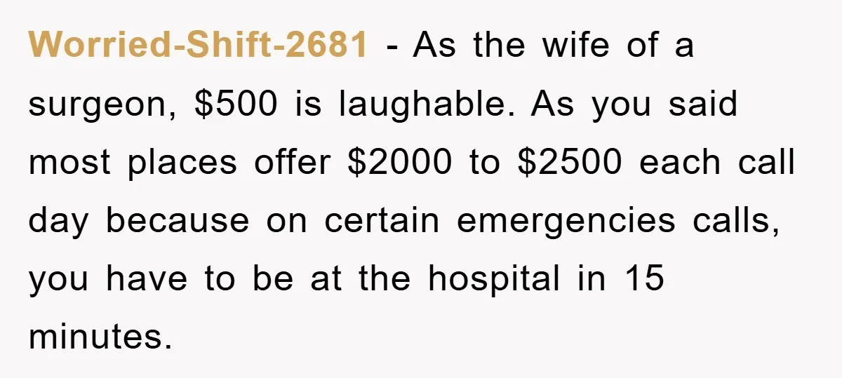 Worried-Shift-2681 − As the wife of a surgeon, $500 is laughable. As you said most places offer $2000 to $2500 each call day because on certain emergencies calls, you have...