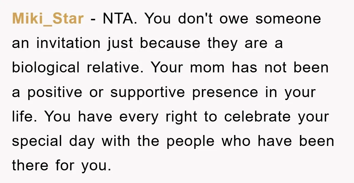 Miki_Star − NTA. You don't owe someone an invitation just because they are a biological relative. Your mom has not been a positive or supportive presence in your life. You...