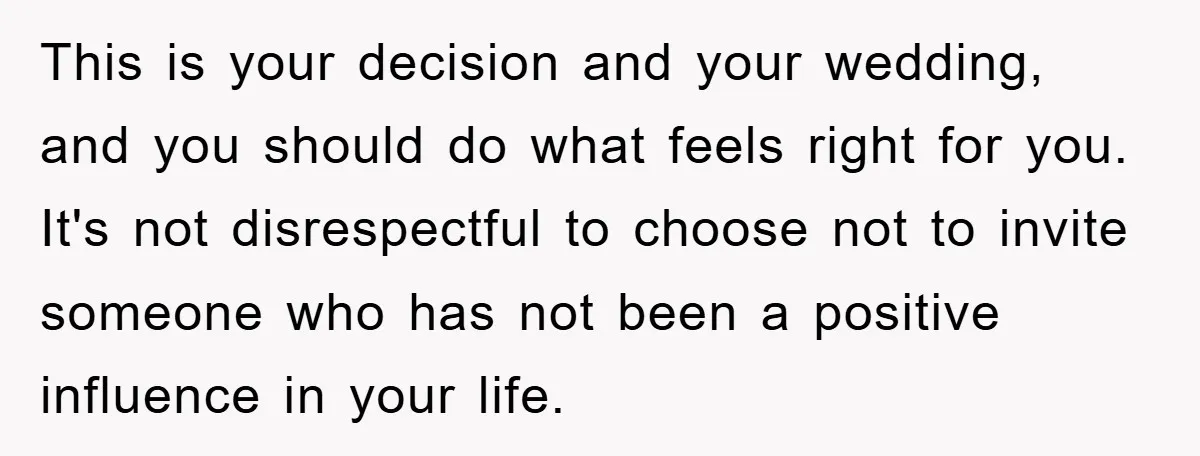 This is your decision and your wedding, and you should do what feels right for you. It's not disrespectful to choose not to invite someone who has not been a...
