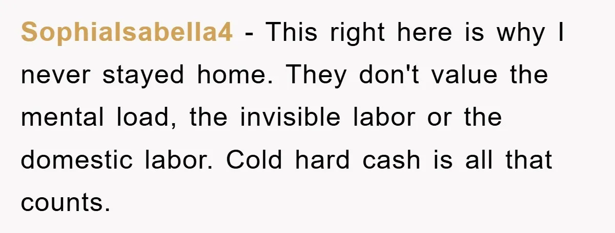 SophiaIsabella4 - This right here is why I never stayed home. They don't value the mental load, the invisible labor or the domestic labor. Cold hard cash is all that...