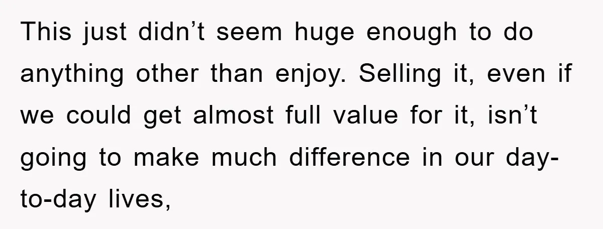 This just didn’t seem huge enough to do anything other than enjoy. Selling it, even if we could get almost full value for it, isn’t going to make much difference...