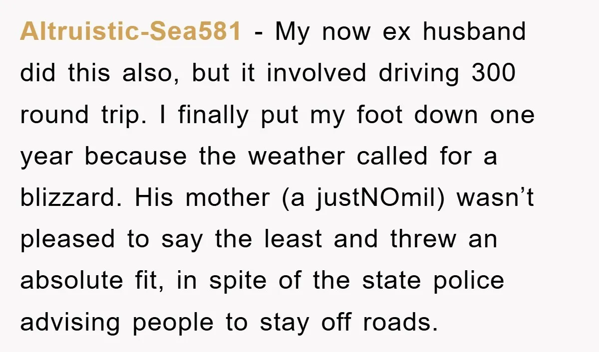 Altruistic-Sea581 − My now ex husband did this also, but it involved driving 300 round trip. I finally put my foot down one year because the weather called for a...