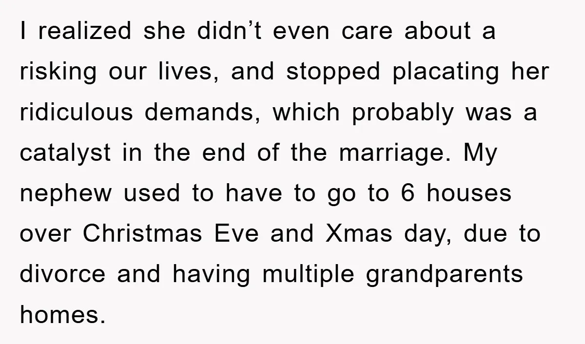 I realized she didn’t even care about a risking our lives, and stopped placating her ridiculous demands, which probably was a catalyst in the end of the marriage. My nephew...
