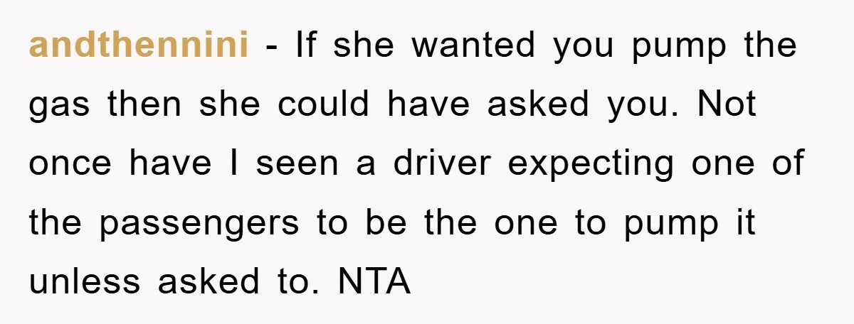 andthennini − If she wanted you pump the gas then she could have asked you. Not once have I seen a driver expecting one of the passengers to be the...