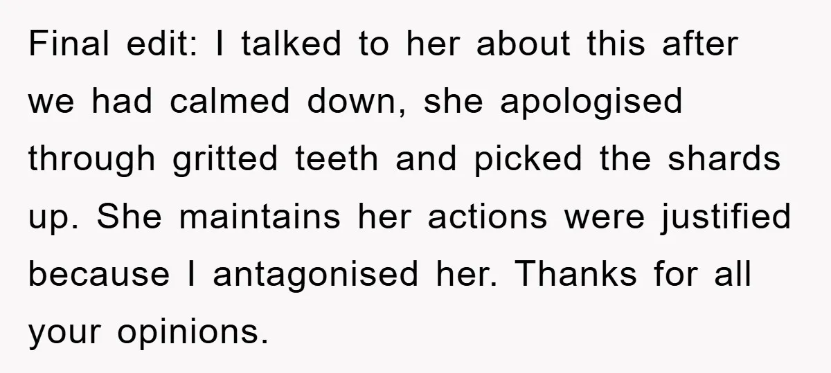 Final edit: I talked to her about this after we had calmed down, she apologised through gritted teeth and picked the shards up. She maintains her actions were justified because...