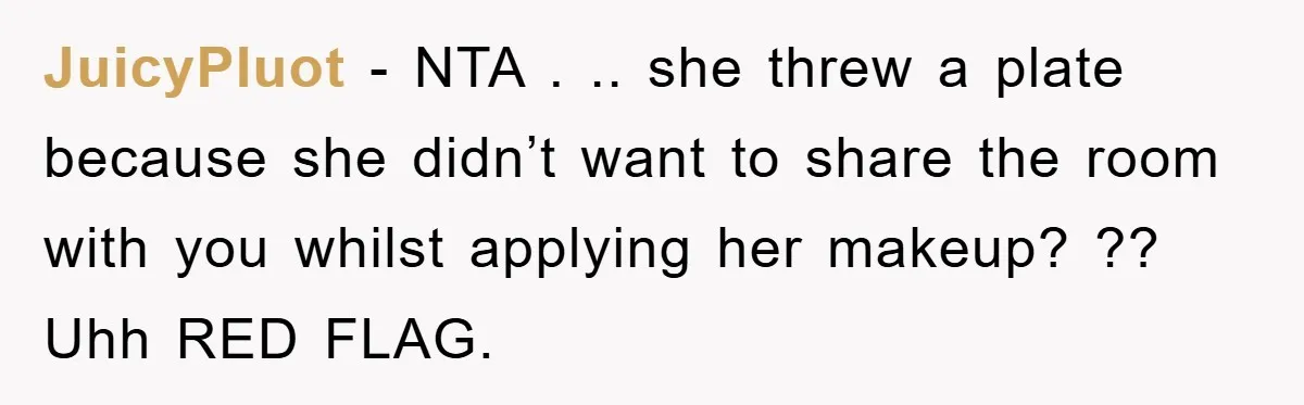 JuicyPluot − NTA . .. she threw a plate because she didn’t want to share the room with you whilst applying her makeup? ?? Uhh RED FLAG.