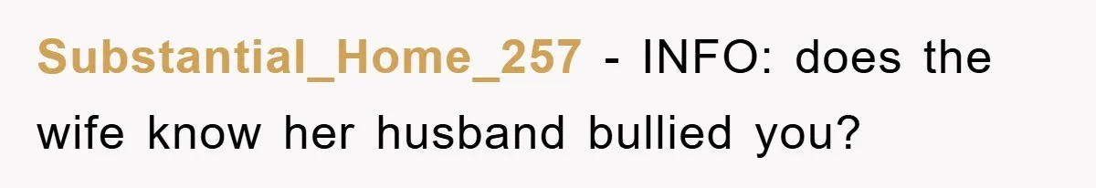 Substantial_Home_257 - INFO: does the wife know her husband bullied you?