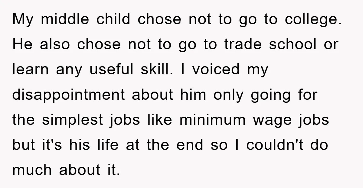 My middle child chose not to go to college. He also chose not to go to trade school or learn any useful skill. I voiced my disappointment about him only...