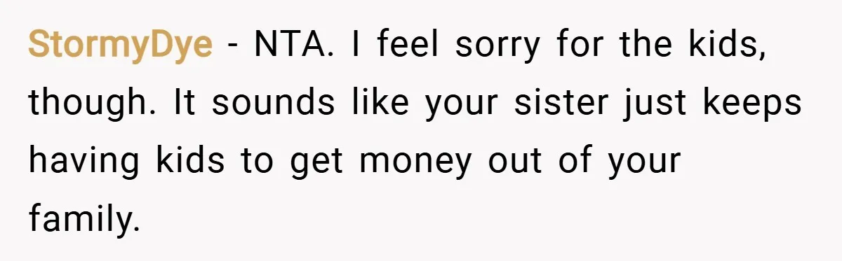 StormyDye − NTA. I feel sorry for the kids, though. It sounds like your sister just keeps having kids to get money out of your family.