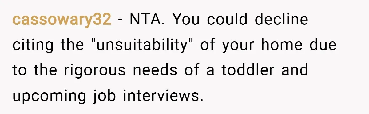 cassowary32 − NTA. You could decline citing the "unsuitability" of your home due to the rigorous needs of a toddler and upcoming job interviews.