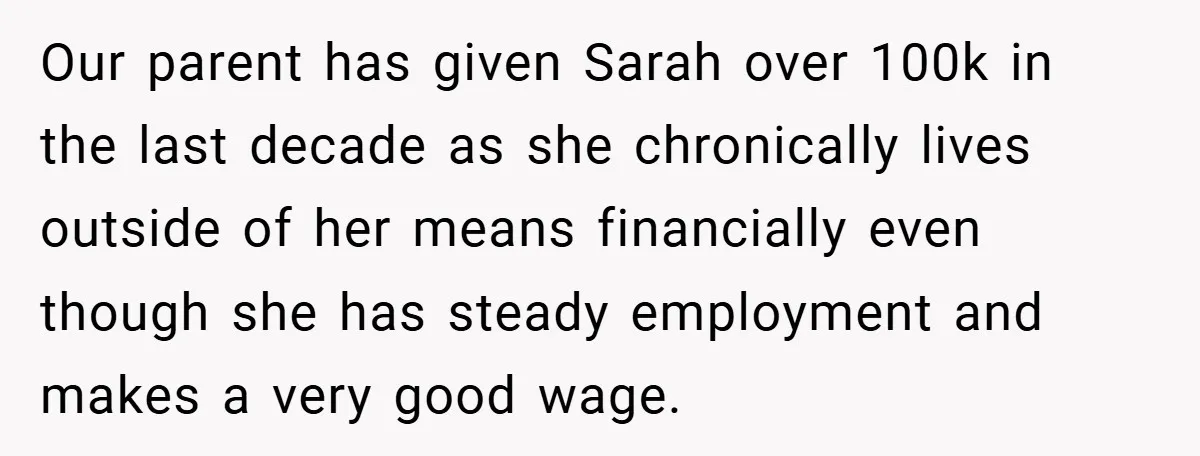 Our parent has given Sarah over 100k in the last decade as she chronically lives outside of her means financially even though she has steady employment and makes a very...
