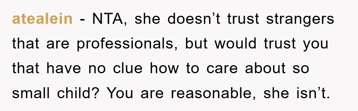 atealein - NTA, she doesn’t trust strangers that are professionals, but would trust you that have no clue how to care about so small child? You are reasonable, she isn’t.