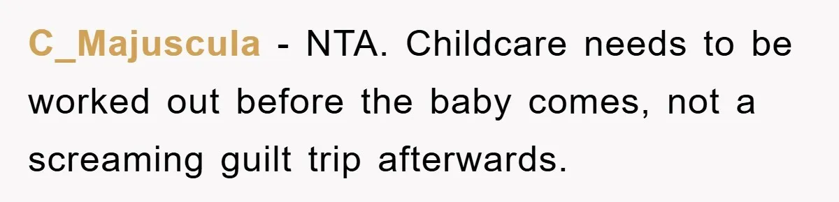 C_Majuscula - NTA. Childcare needs to be worked out before the baby comes, not a screaming guilt trip afterwards.