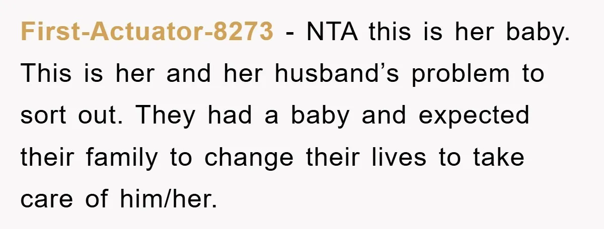 First-Actuator-8273 - NTA this is her baby. This is her and her husband’s problem to sort out. They had a baby and expected their family to change their lives to...