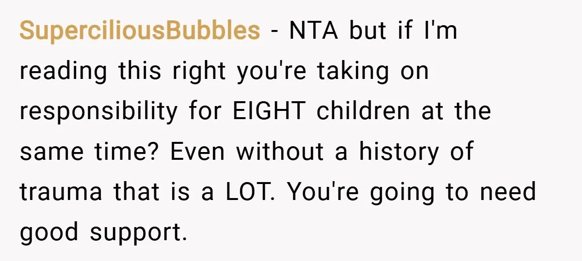 SuperciliousBubbles − NTA but if I'm reading this right you're taking on responsibility for EIGHT children at the same time? Even without a history of trauma that is a LOT....