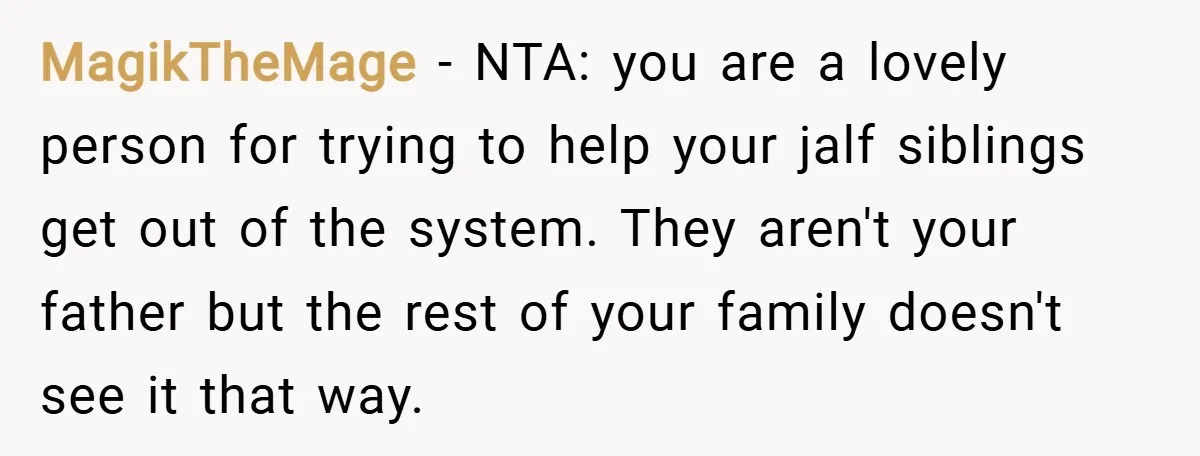 MagikTheMage − NTA: you are a lovely person for trying to help your jalf siblings get out of the system. They aren't your father but the rest of your family...