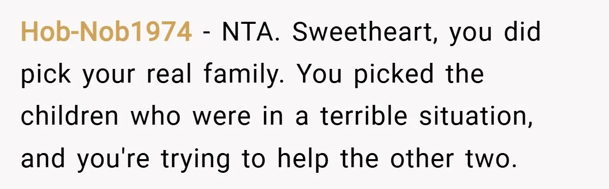 Hob-Nob1974 − NTA. Sweetheart, you did pick your real family. You picked the children who were in a terrible situation, and you're trying to help the other two.