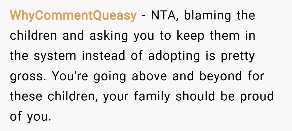 WhyCommentQueasy − NTA, blaming the children and asking you to keep them in the system instead of adopting is pretty gross. You're going above and beyond for these children, your...