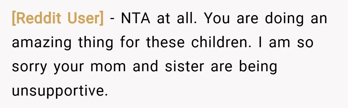 [Reddit User] − NTA at all. You are doing an amazing thing for these children. I am so sorry your mom and sister are being unsupportive.