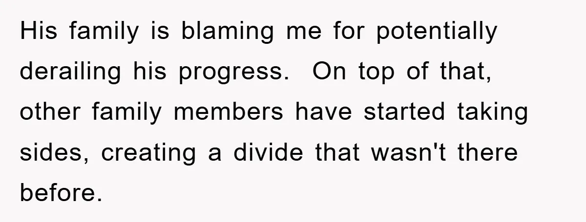 His family is blaming me for potentially derailing his progress.  On top of that, other family members have started taking sides, creating a divide that wasn't there before.