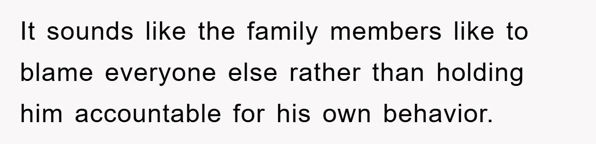 It sounds like the family members like to blame everyone else rather than holding him accountable for his own behavior.