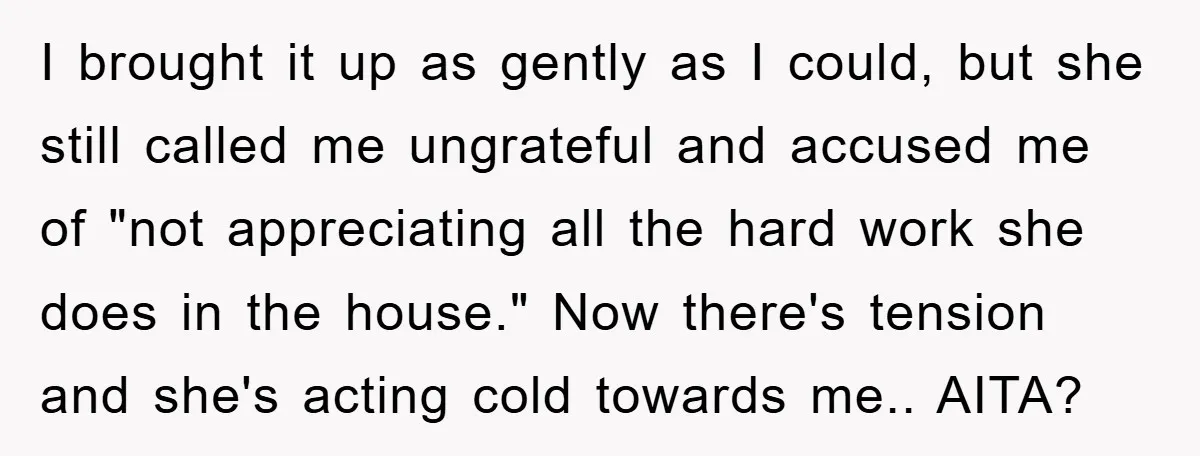 I brought it up as gently as I could, but she still called me ungrateful and accused me of "not appreciating all the hard work she does in the house."...