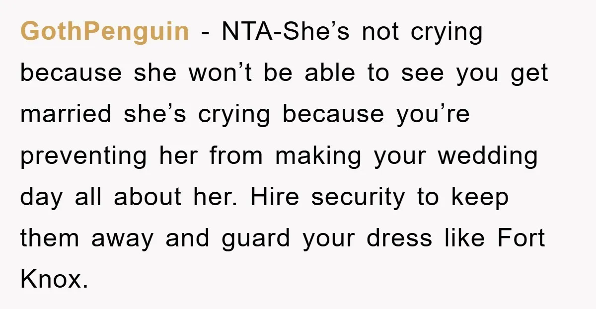 GothPenguin − NTA-She’s not crying because she won’t be able to see you get married she’s crying because you’re preventing her from making your wedding day all about her. Hire...