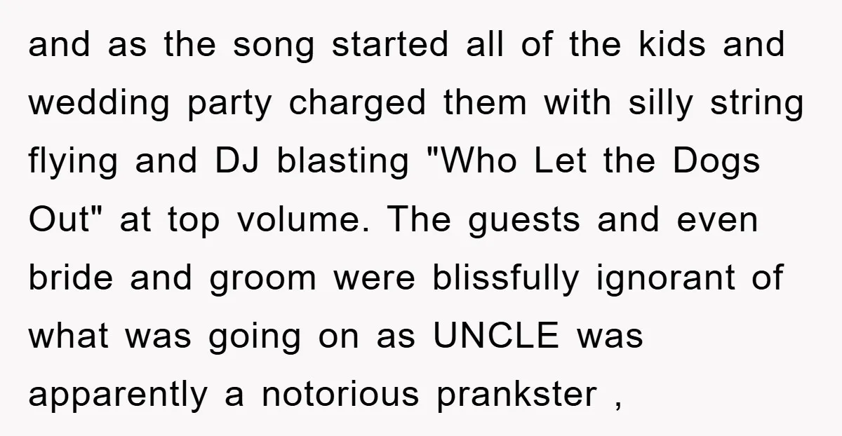 and as the song started all of the kids and wedding party charged them with silly string flying and DJ blasting "Who Let the Dogs Out" at top volume. The...