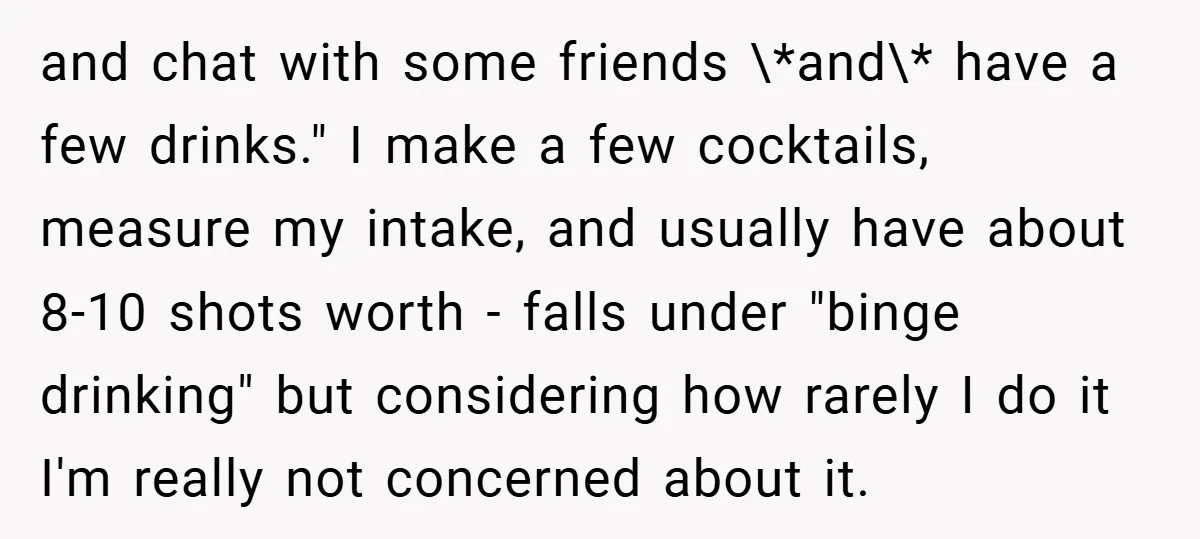 and chat with some friends \*and\* have a few drinks." I make a few cocktails, measure my intake, and usually have about 8-10 shots worth - falls under "binge drinking"...